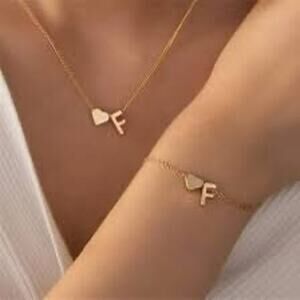 NWT personalized letter initial gold necklace and bracelet set LETTER F